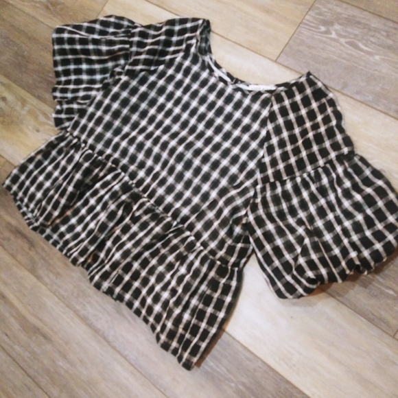 Moon River Tops - Moon river plaid black and white puff sleeve top